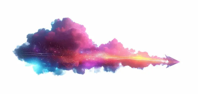 Abstract neon arrow turning right with pink blue glowing trails