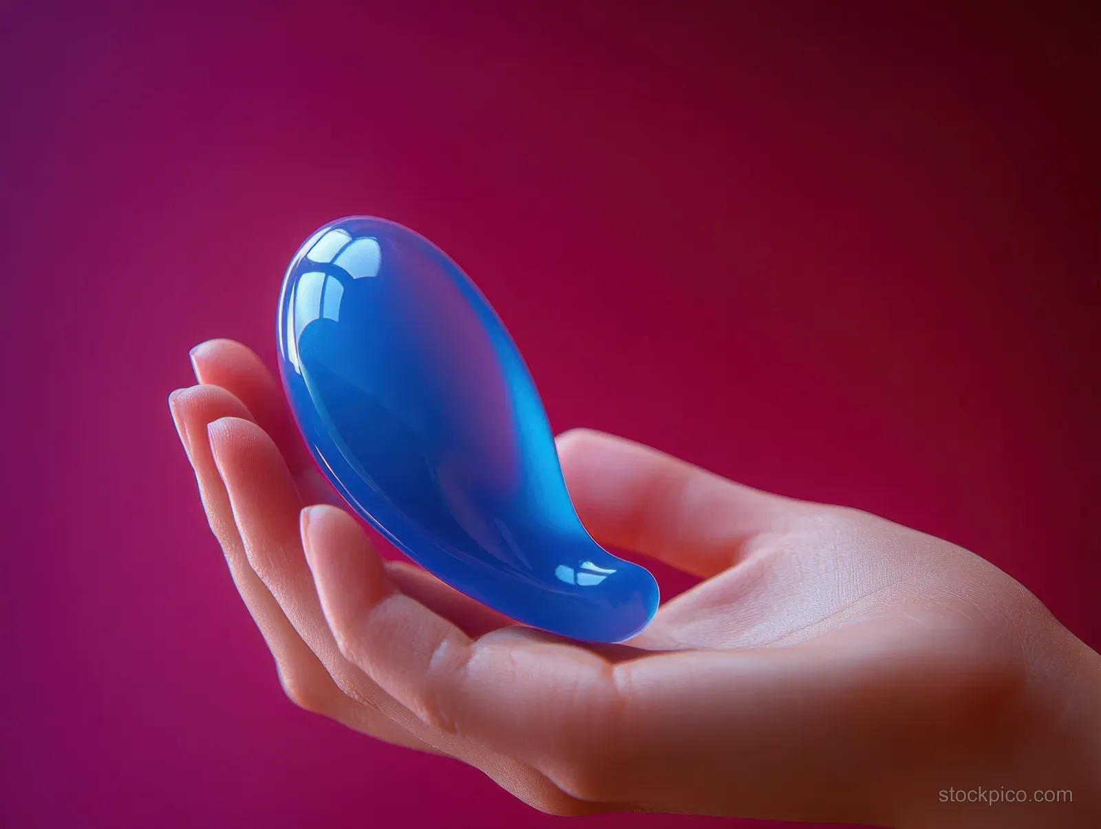 Hand gently holding a glossy blue droplet-shaped object against a vibrant pink background.