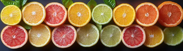 Row of sliced citrus fruit halves arranged on white background with bright juice texture