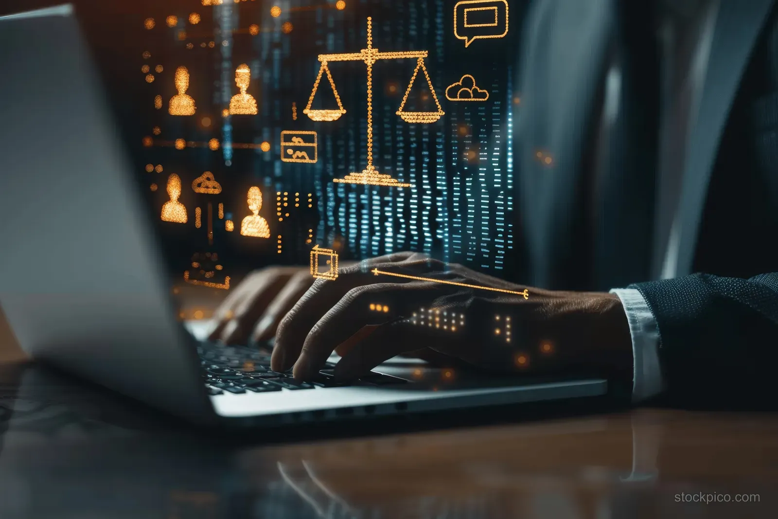 A lawyer types on a laptop with floating holographic justice and contract icons on a digital screen.