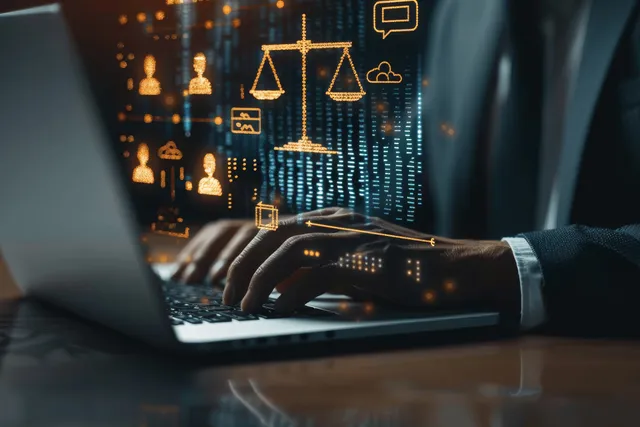 A lawyer types on a laptop with floating holographic justice and contract icons on a digital screen.