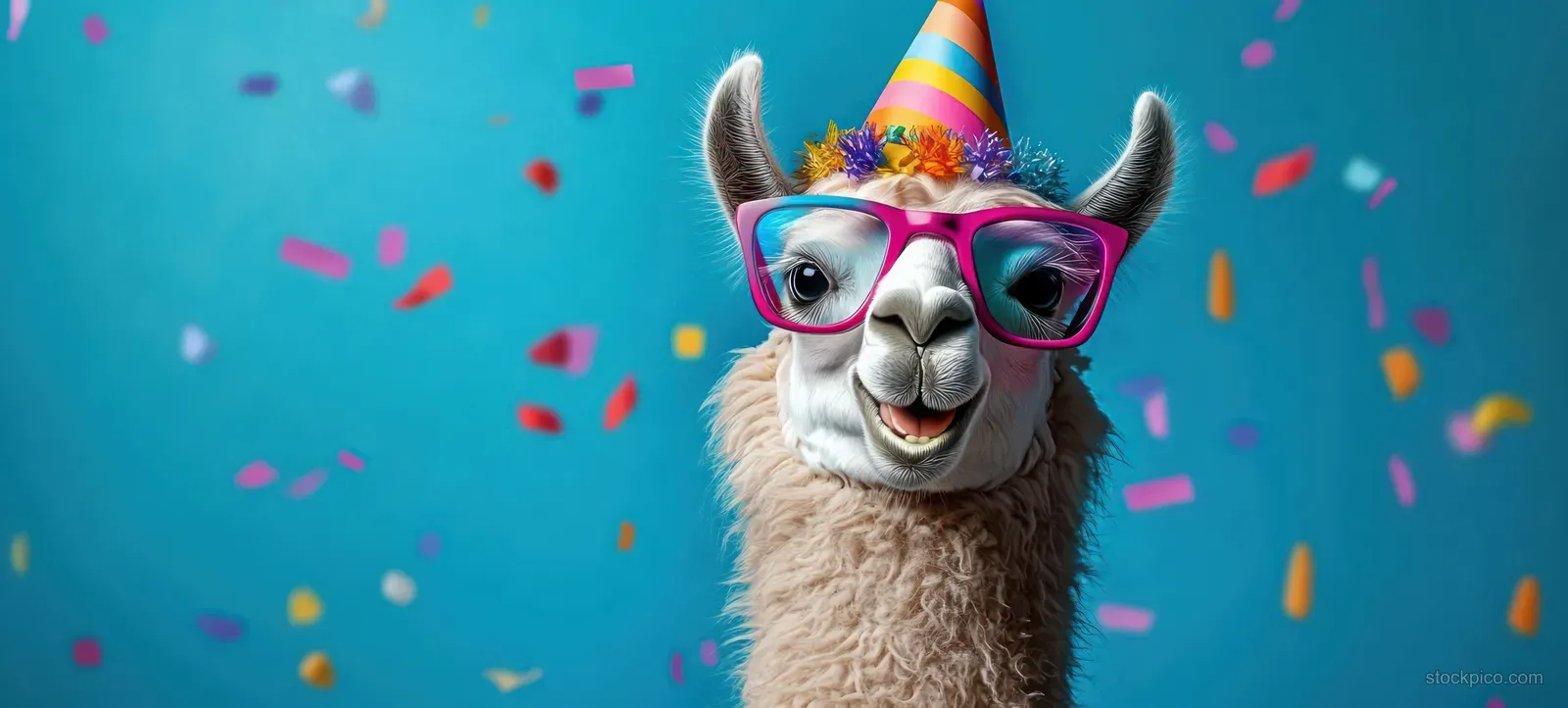 Funny alpaca with a rainbow party hat and pink sunglasses standing against a blue background with colorful confetti.