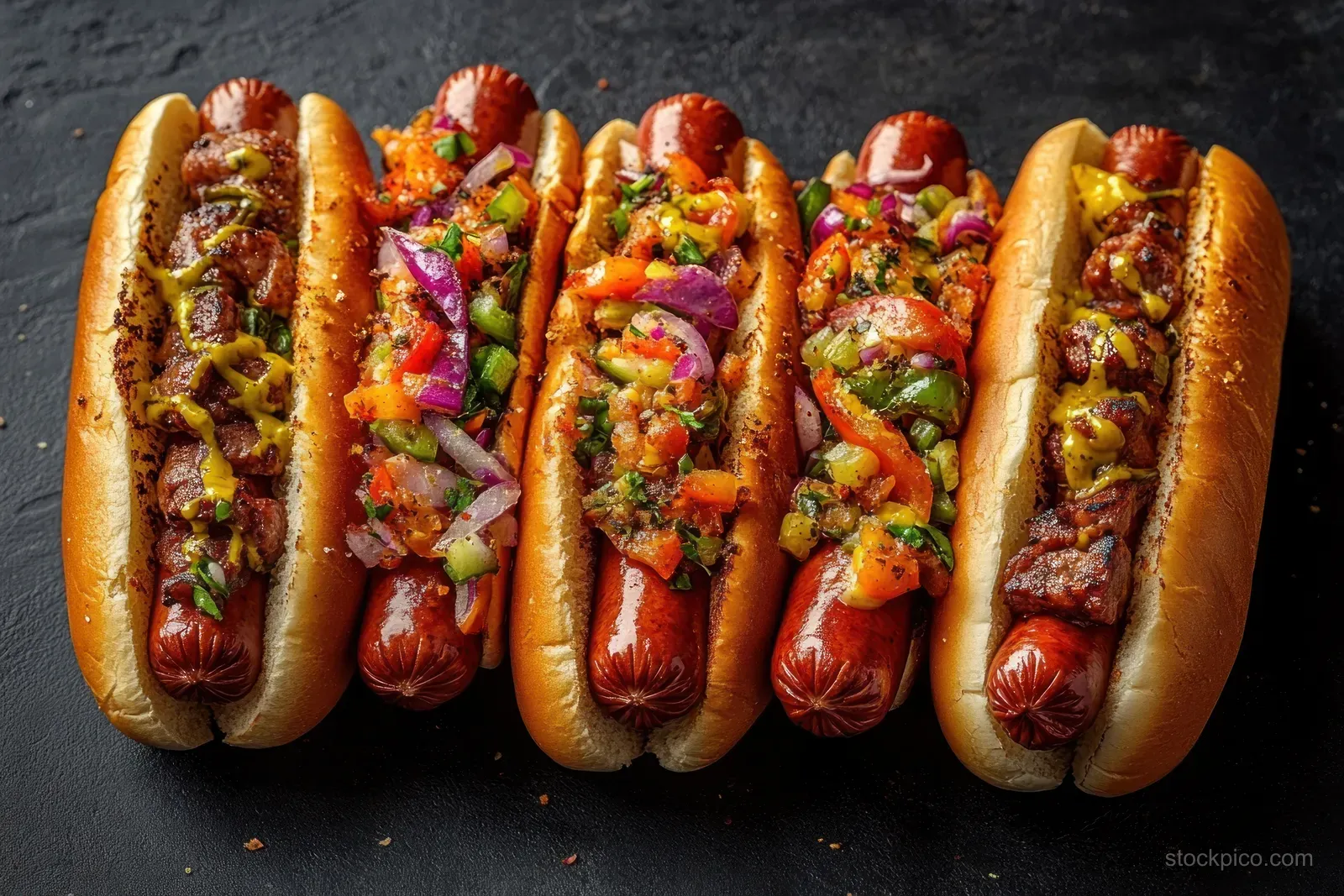 Five hot dogs in buns on a dark surface, topped with mustard, diced grilled meat, and colorful vegetable salsa.