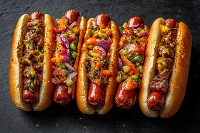Five hot dogs in buns on a dark surface, topped with mustard, diced grilled meat, and colorful vegetable salsa.