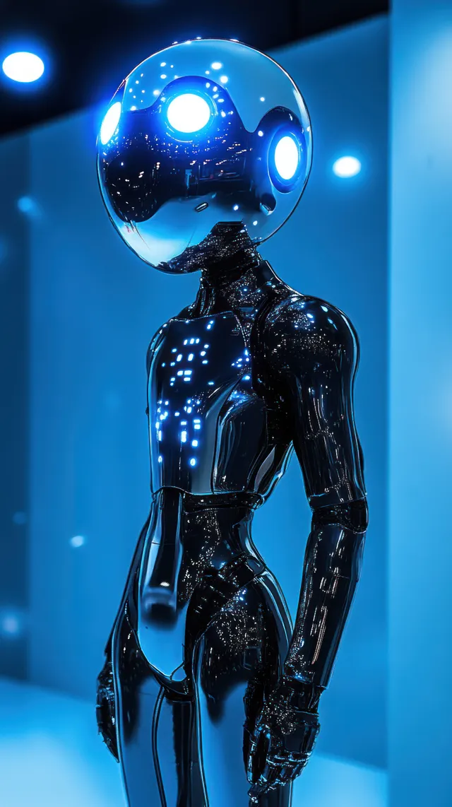 A humanlike chrome robot with a reflective head stands in a blue glowing nightclub scene.