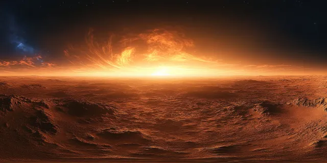 Surreal martian twilight panorama with an orange glow beam over rugged cratered terrain and distant horizon.