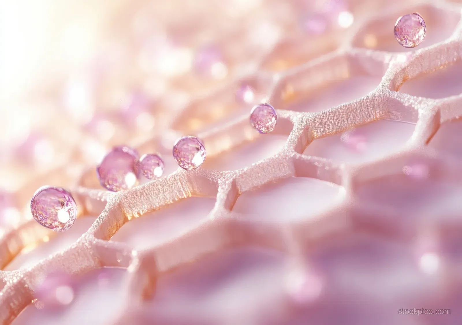 Pink droplets sit along a glowing honeycomb collagen microstructure under soft light.