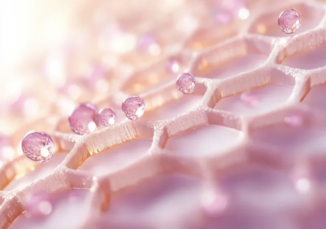 Pink droplets sit along a glowing honeycomb collagen microstructure under soft light.