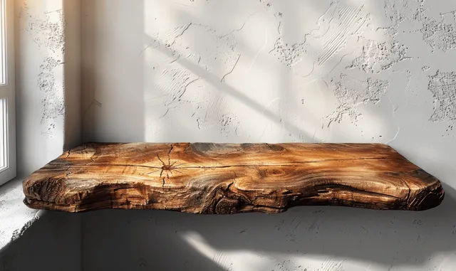Rustic wooden shelf mounted on a cracked plaster wall with visible wood grain and sunlight shadow.