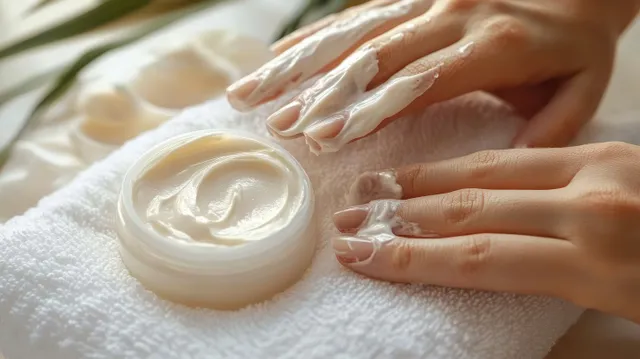 Close-up of hands applying white moisturizer cream to fingers with a jar of cream on a soft towel and petals blurred behind.