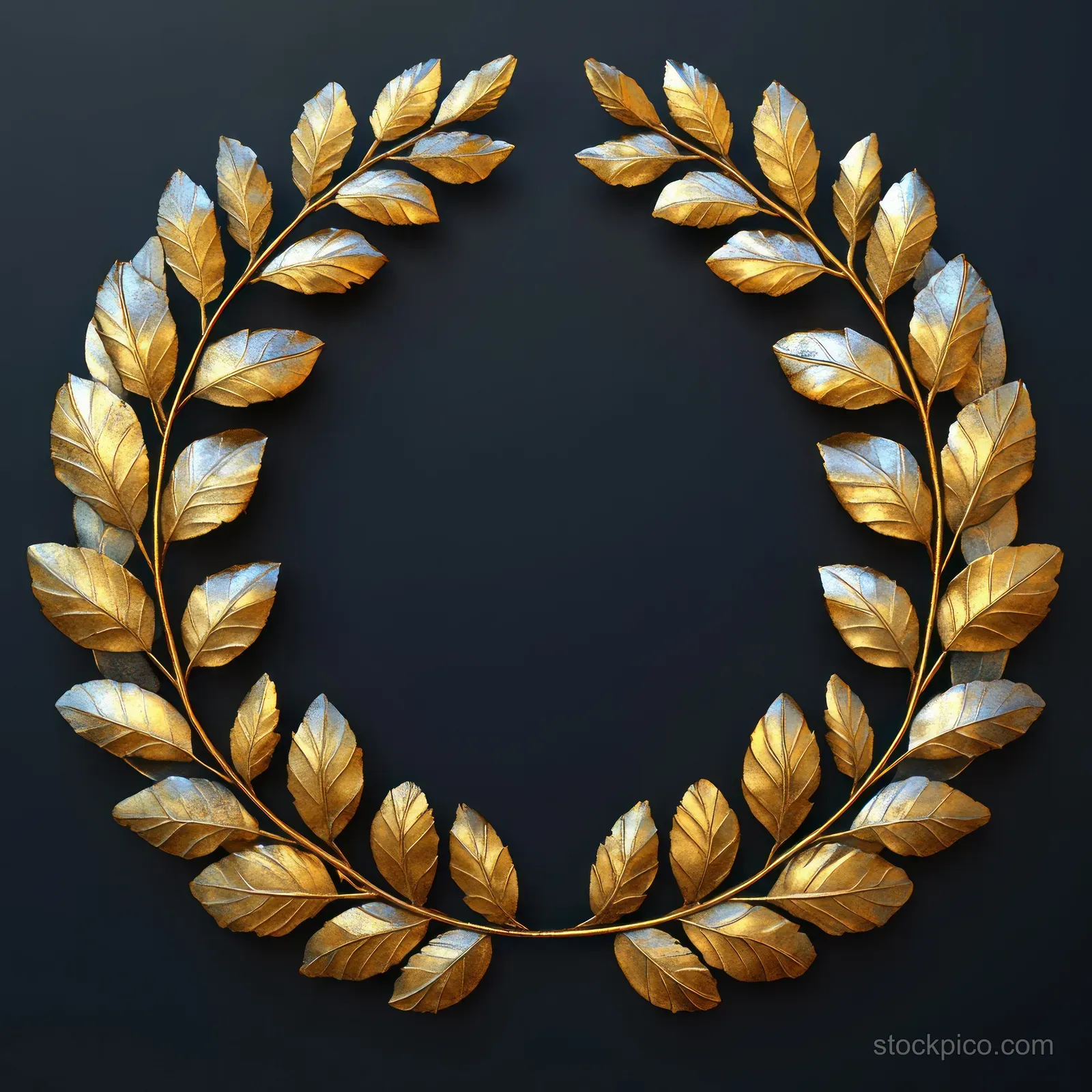 Golden metallic laurel wreath arranged in a circular ring on a dark background with shiny leaf highlights.