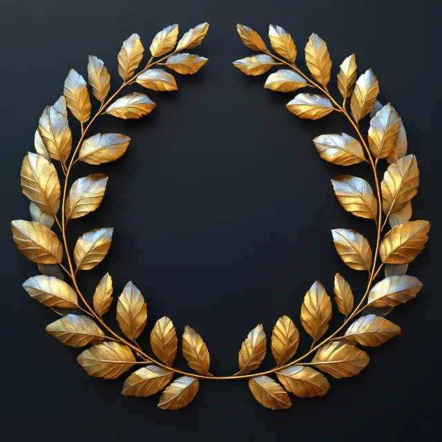 Golden metallic laurel wreath arranged in a circular ring on a dark background with shiny leaf highlights.