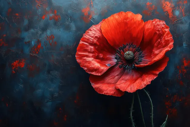 Red poppy flower placed on a rusty iron texture with dark blue smoky background and faint memorial details.
