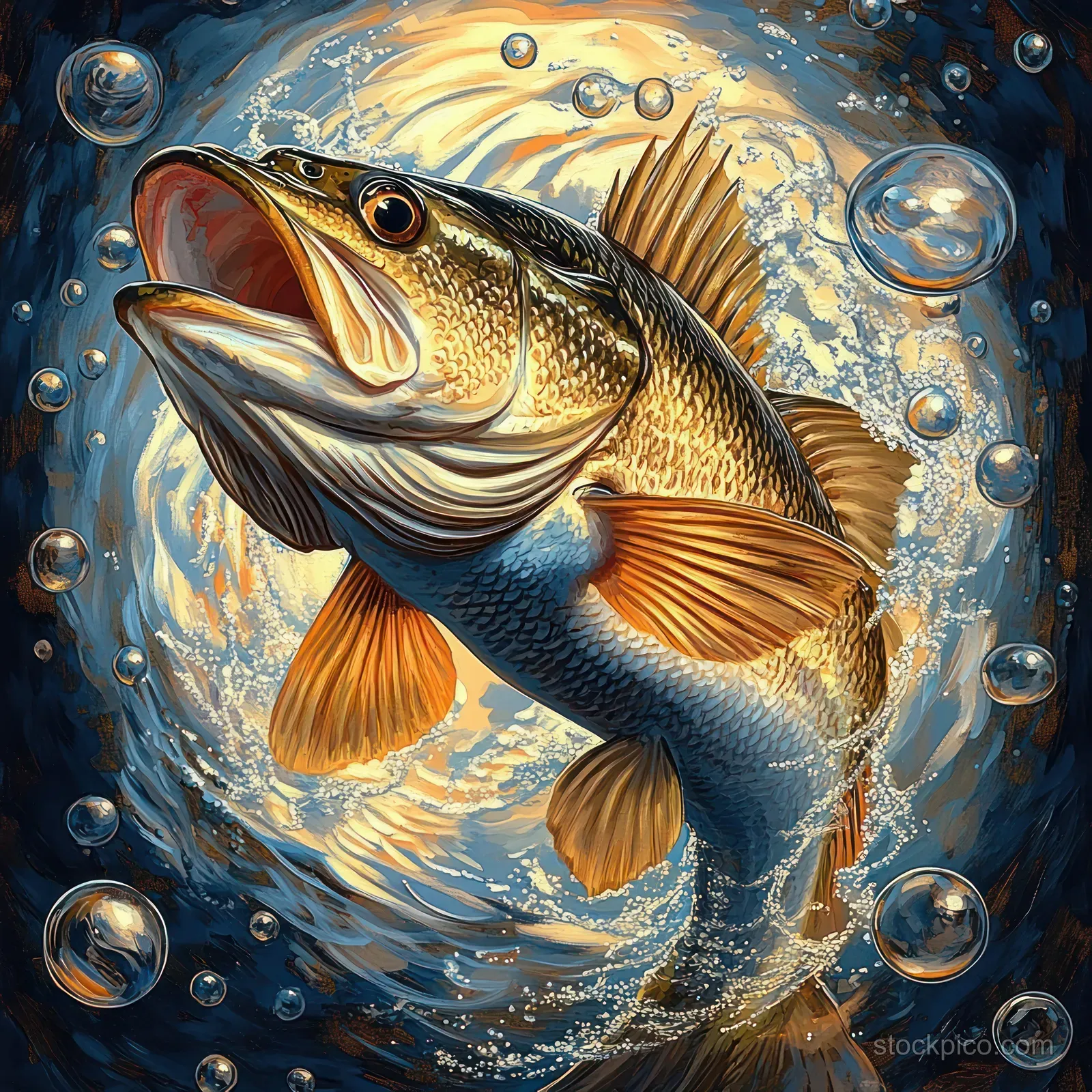 Large fish swims underwater surrounded by swirling bubbles and light-catching scales and fins.