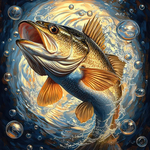 Large fish swims underwater surrounded by swirling bubbles and light-catching scales and fins.