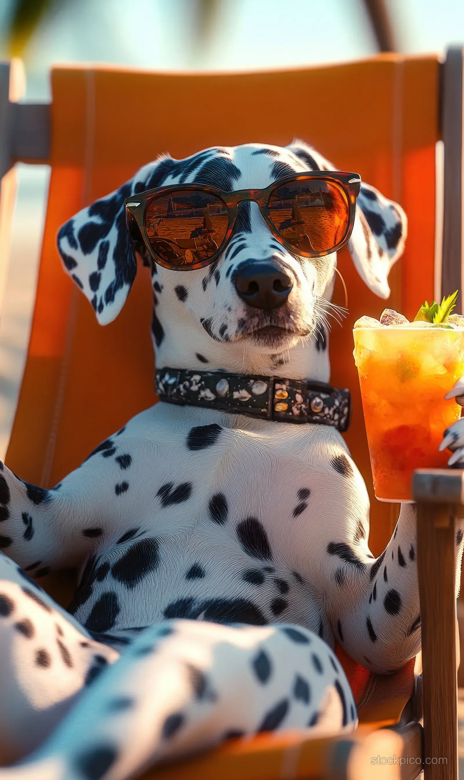 Dalmatian wearing sunglasses lounging on an orange chair while holding an iced drink outdoors.