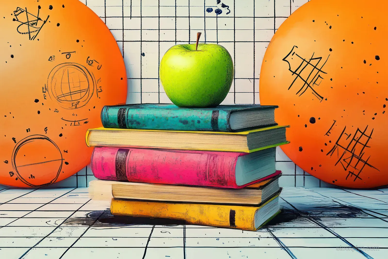 Apple on stacked colorful books over a checkered grid background with orange doodle circles.