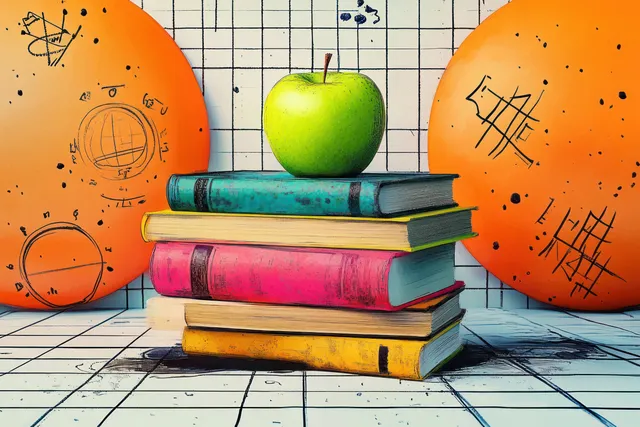 Apple on stacked colorful books over a checkered grid background with orange doodle circles.