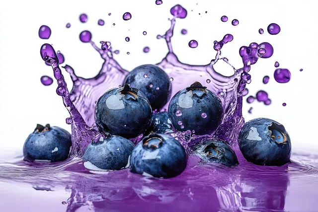 High-speed splash of acai berries bursting in purple juice against clean white backdrop