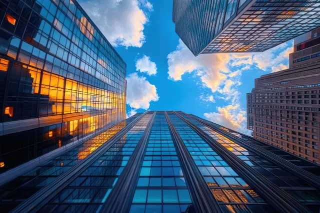 View upward between glass skyscrapers reflecting sunset colors and clouds in a clear blue downtown sky.