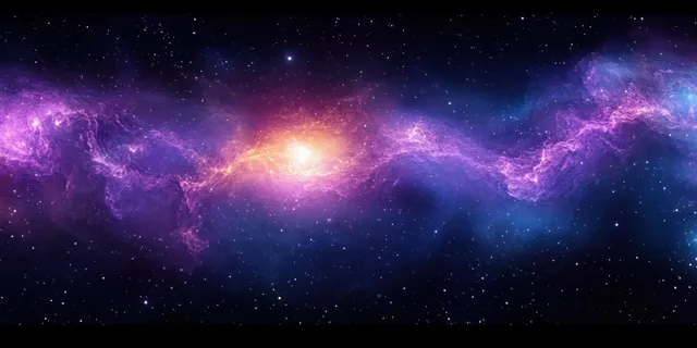 A panoramic view of glowing purple nebula clouds and swirling galaxies across a deep star-filled space.