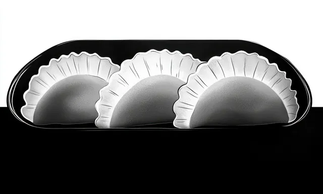 Three crimped-edge half-moon dumplings sit in a row on a black plate against a high-contrast black-and-white background.