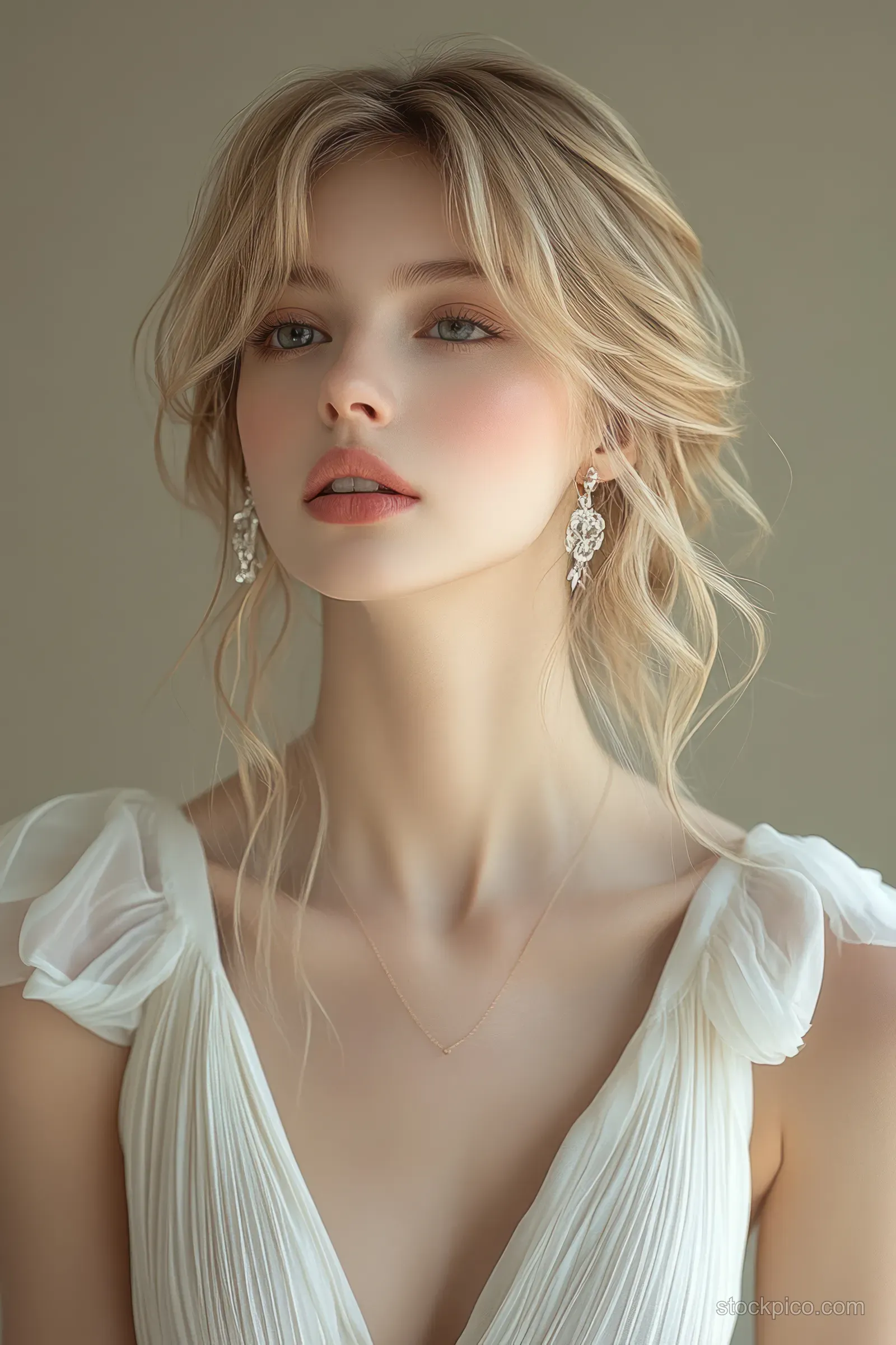 Blonde woman wearing pearl earrings and necklace poses for a soft-lit jewelry portrait.