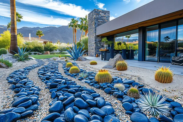 Modern desert hardscape with blue river rocks, cacti, and stone wall beside sleek Palm Springs home