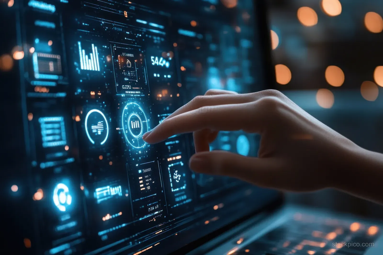 Hand reaching toward a glowing analytics dashboard with charts and performance indicators in a dark digital workspace.