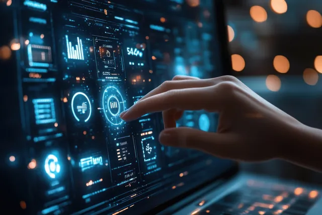 Hand reaching toward a glowing analytics dashboard with charts and performance indicators in a dark digital workspace.