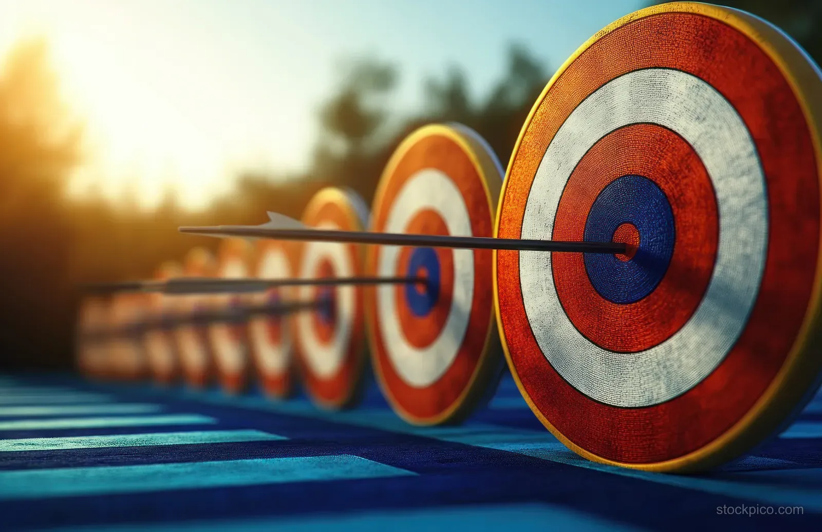 Colorful bullseye targets with arrows line up down a road under warm sunlight and long shadows.