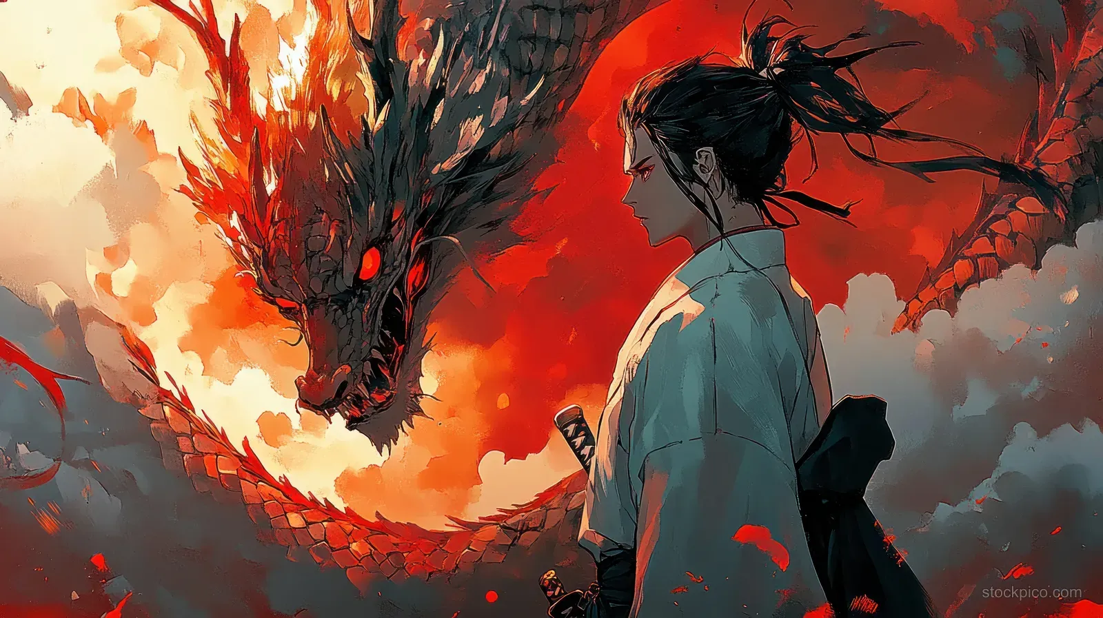 A warrior in a blue kimono confronts a flaming mythical dragon as smoke and embers swirl behind them.