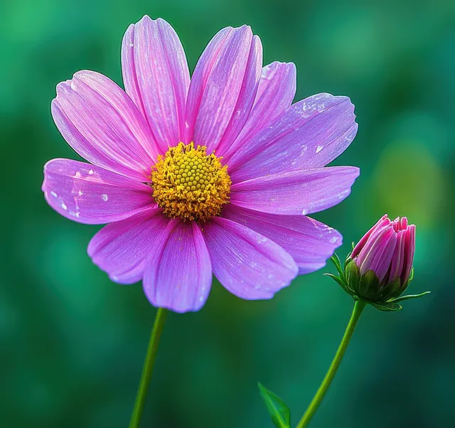 A vibrant purple daisy in full bloom with a smaller bud against a softly blurred green background.