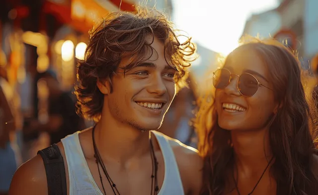 Young couple smiling at each other outdoors in golden-hour sunlight on a city street with backpacks.