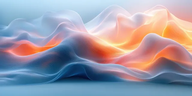 Iridescent 3D wave landscape with flowing liquid ribbons and glowing light gradients