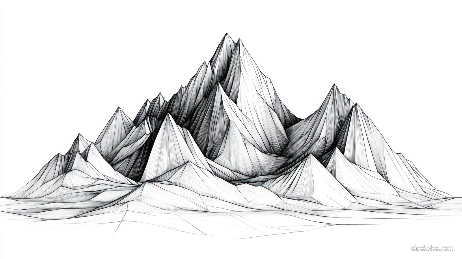 Layered black-and-white mountain peaks are outlined with fine contour lines on a white background.