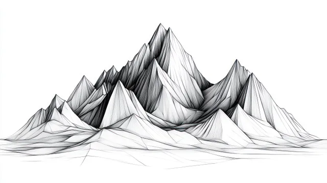 Angular black-and-white mountain peaks formed by fine contour lines on a white background