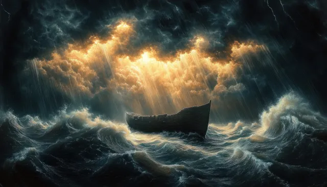 Noah’s Ark rides rough waves beneath glowing lightning and dark storm clouds during a biblical flood.