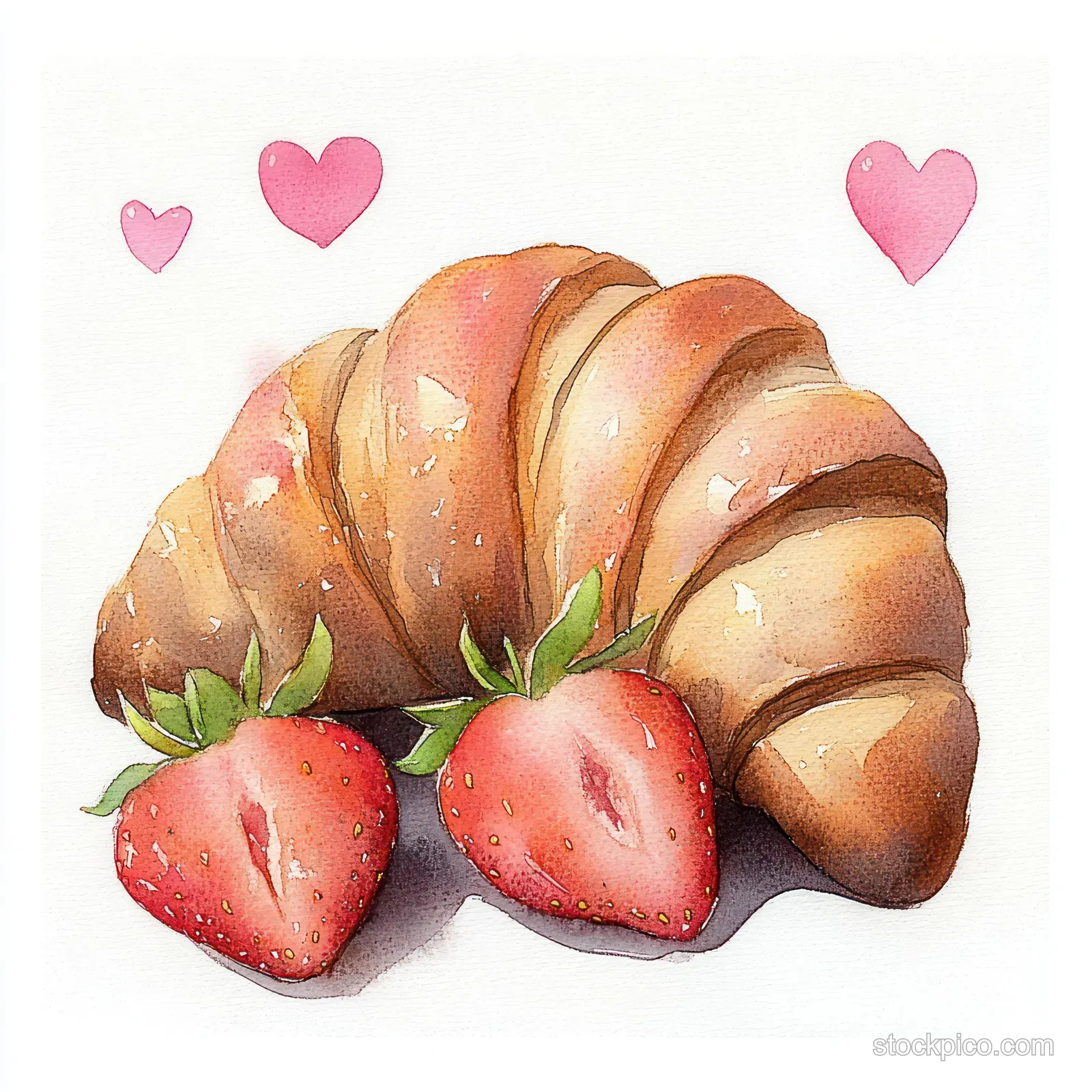 Watercolor croissant with halved strawberries and pink heart shapes floating above a white background.