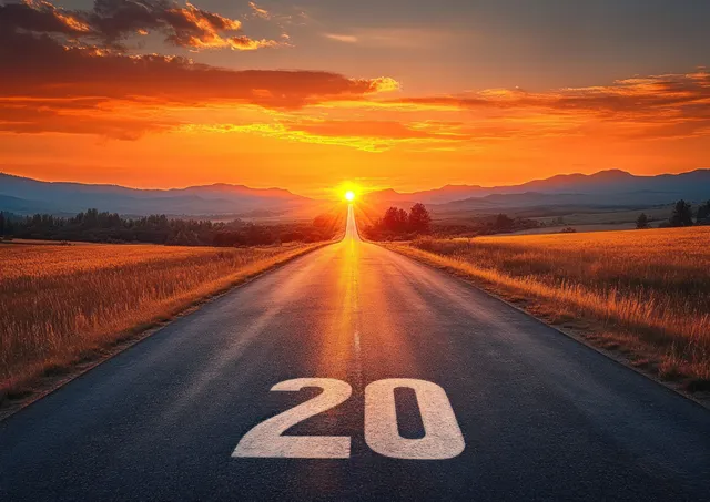 An empty rural road with painted “20” markings stretches toward a bright sunset over golden fields and mountains.
