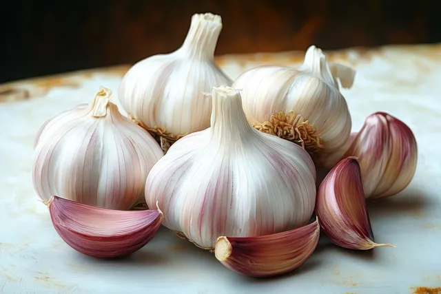 Garlic bulbs and separated cloves on a light surface with purple-tinged skins visible.