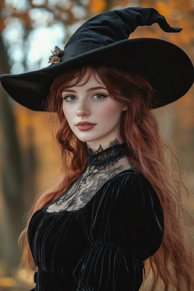 Young woman with long red hair and freckles wearing a black witch hat and lace dress in an autumn forest.