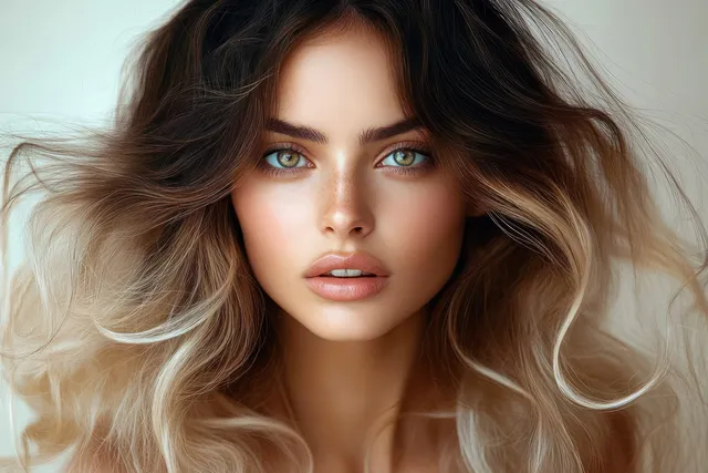 A glamorous woman with long wavy dark hair poses in a softly lit studio, showing elegant makeup and a gentle smile.
