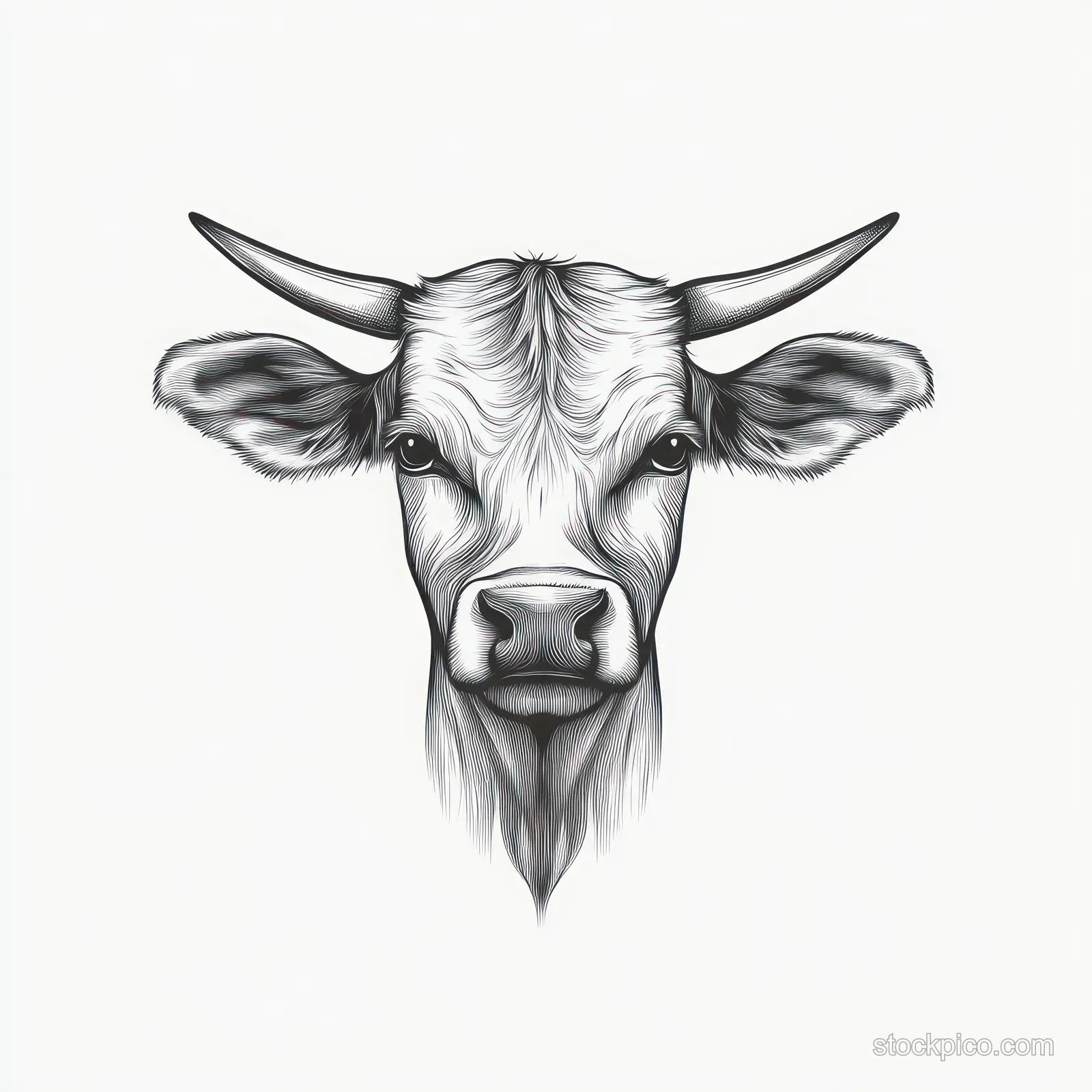 Black and white illustration of a cow head with prominent horns and expressive eyes centered on a white background.