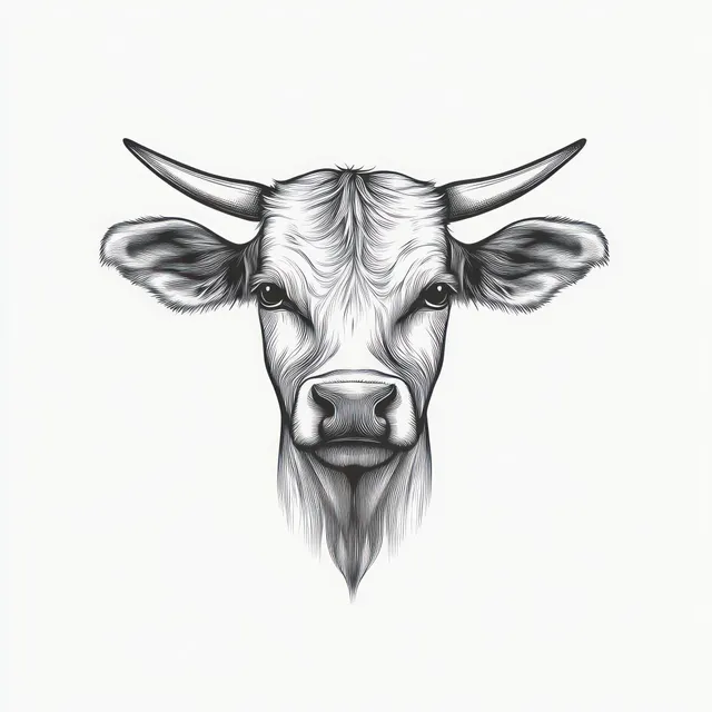 Black and white cow head illustration with wide horns and gentle eyes on white background