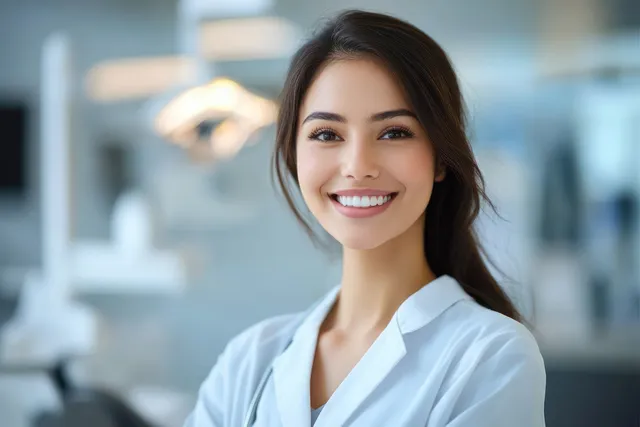 Smiling female dentist in a modern clinic with blurred treatment room