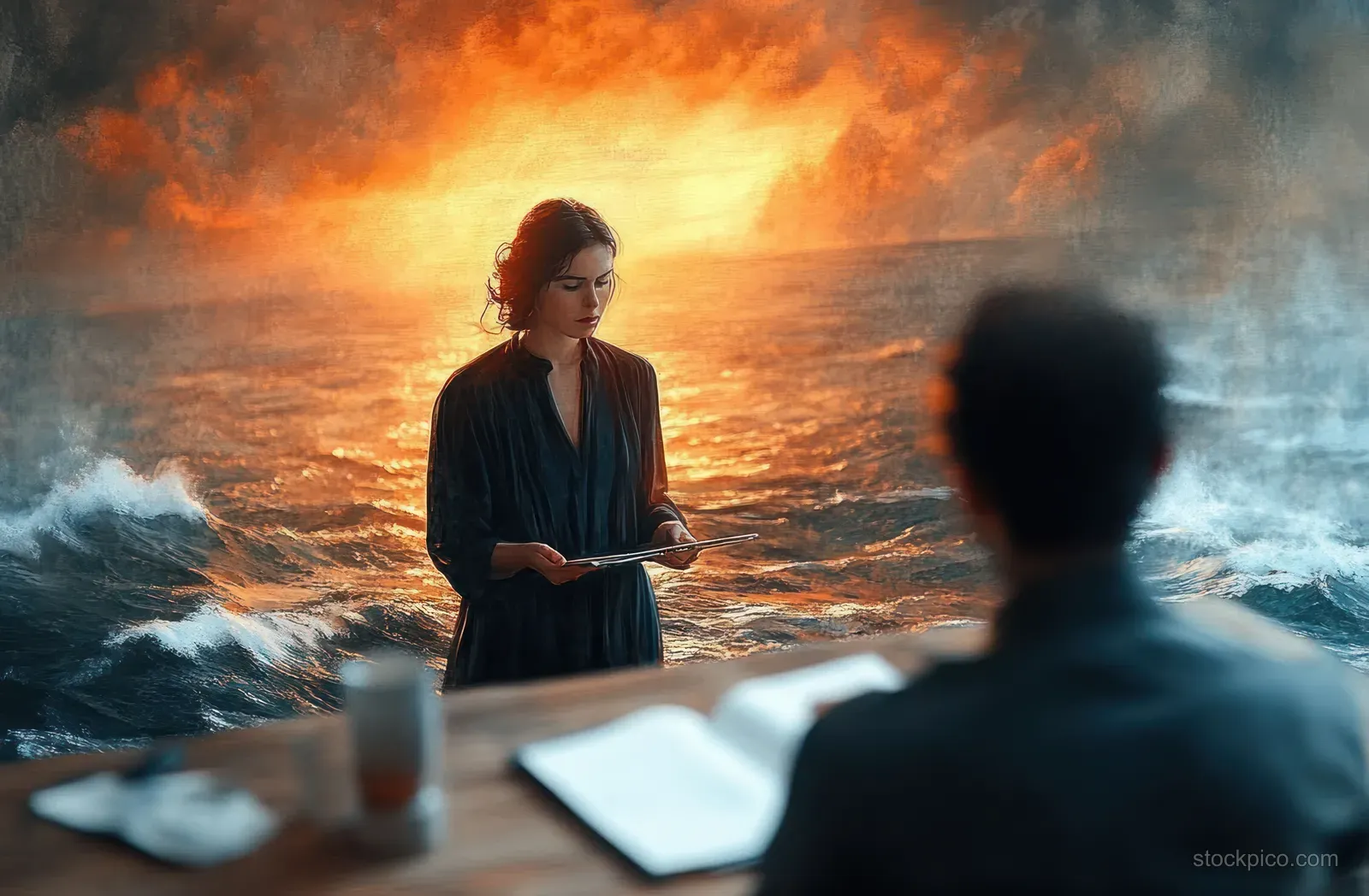 A woman holding a book stands amid turbulent waves while a blurred man reads at a wooden table in the foreground.