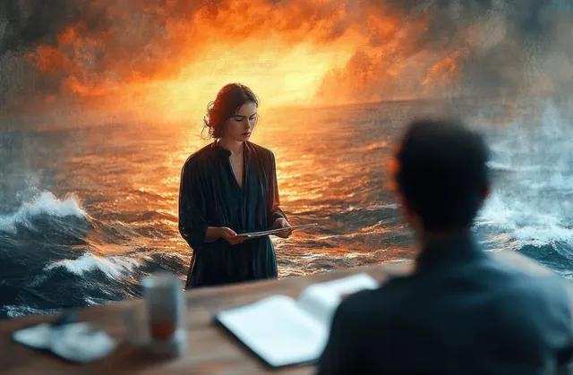 A woman holding a book stands amid turbulent waves while a blurred man reads at a wooden table in the foreground.