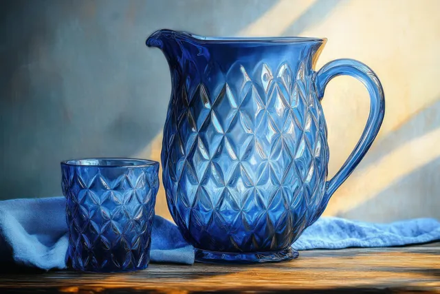 Blue diamond-pattern glass pitcher and matching tumbler sit on a wooden table beside blue fabric under warm daylight.