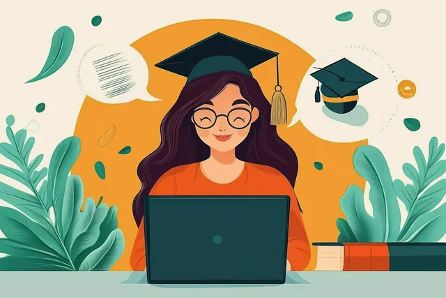 Woman in a graduation cap works on a laptop at a desk surrounded by books and green plants.